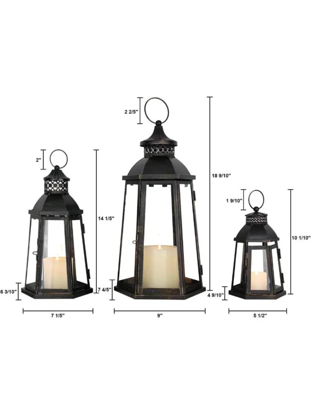 Set of 3 Vintage Lanterns - Metal Frame Candle Holders for Indoor & Outdoor